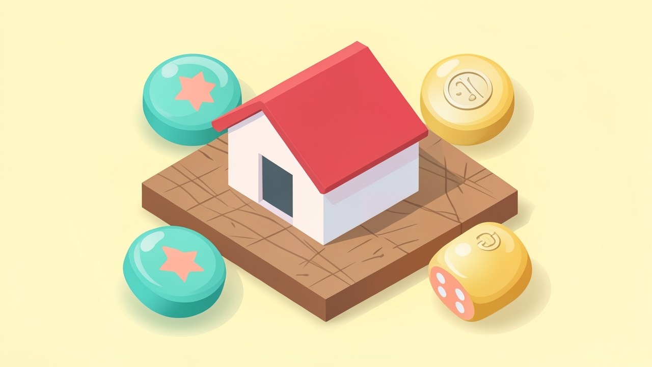Illustration of colorful game tokens and dice arranged around a small home model on a light yellow background, representing playful mortgage learning.