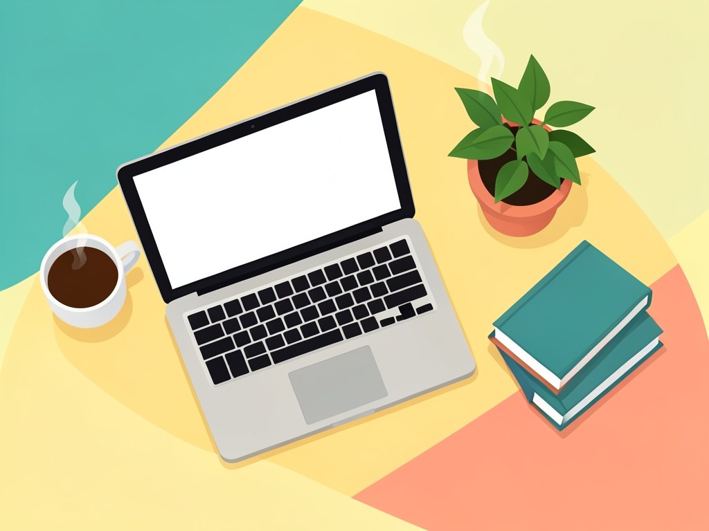 Illustration of a warm desk scene with a laptop, coffee cup, and a small stack of books, symbolizing an editorial workspace for mortgage education.