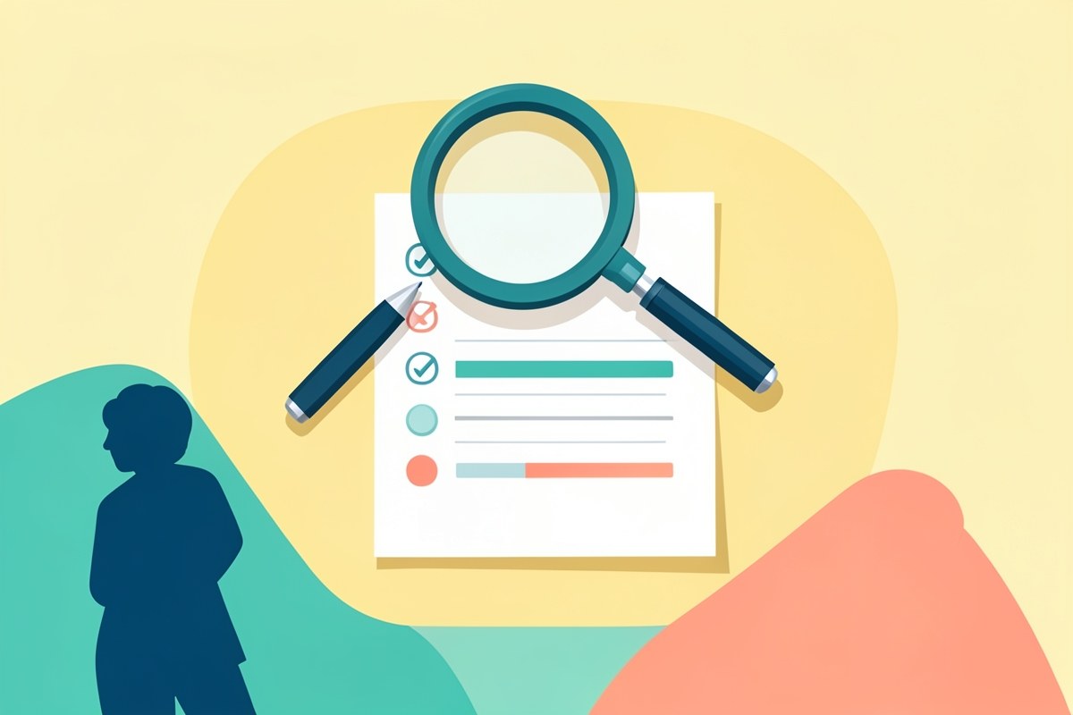 Illustration of a magnifying glass over a document with a checklist and a pen, representing editorial review and fact-checking.