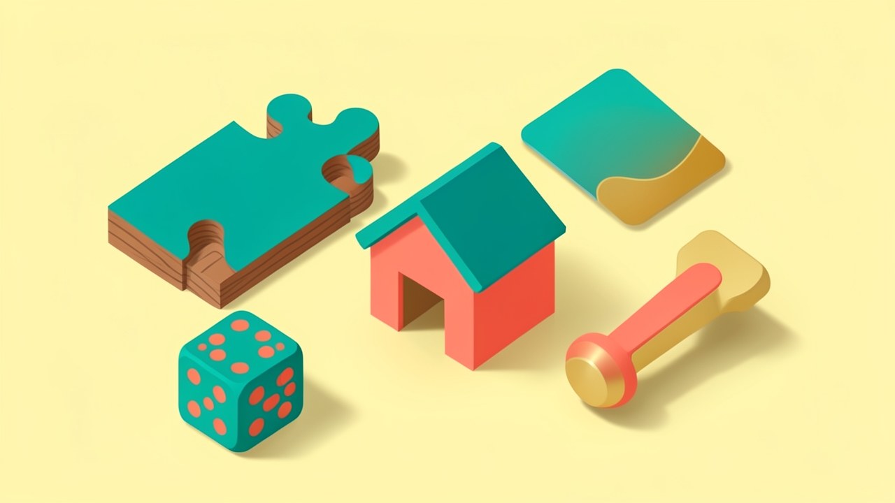 Illustration of various game forms like a puzzle piece, dice, and a joystick, arranged around a house icon, representing mortgage learning games.