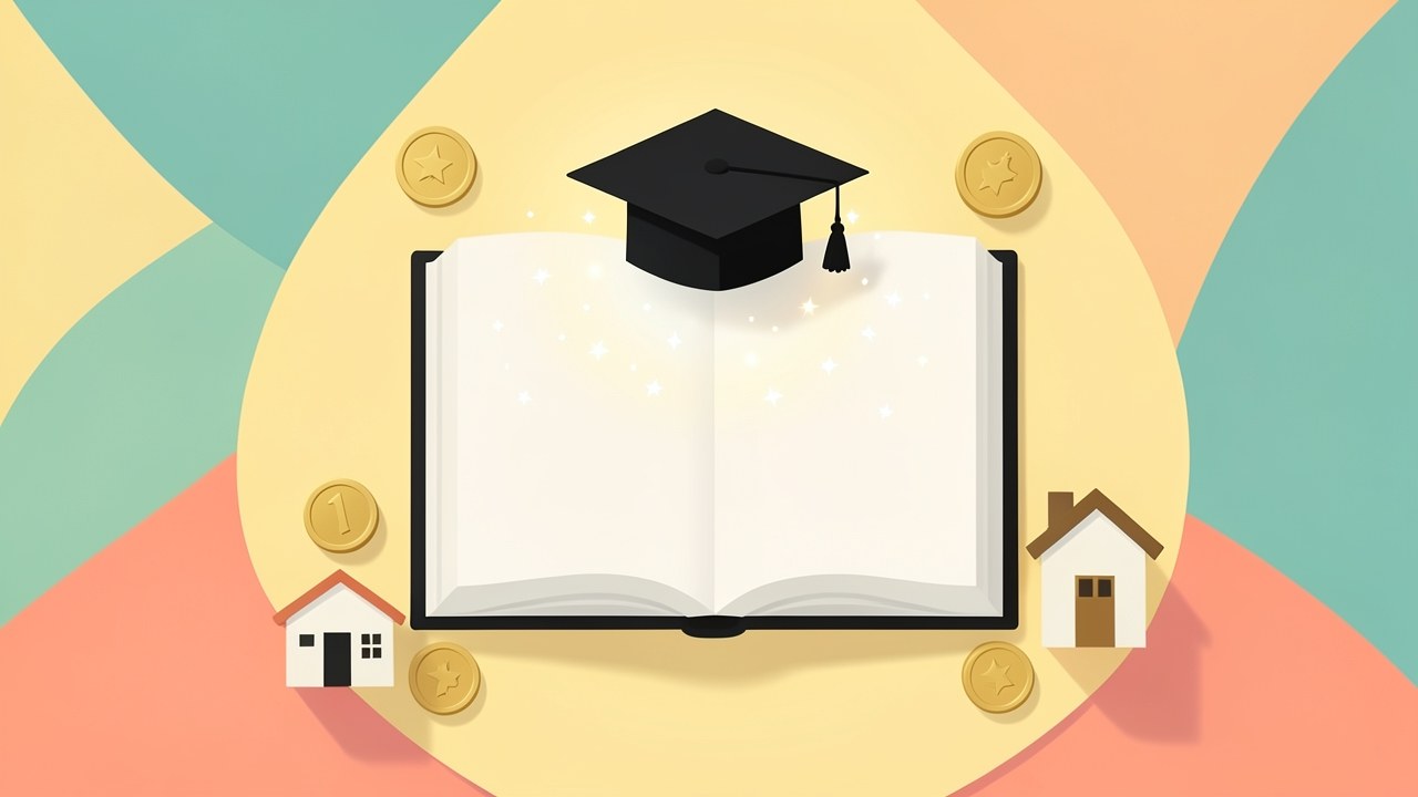 Illustration of an open book with a graduation cap, surrounded by mortgage terms like coins and a house, symbolizing learning mortgage basics.