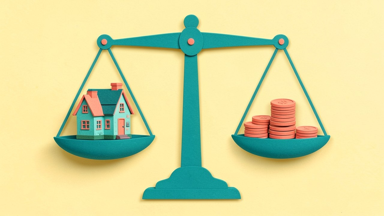 Illustration of a balance scale with a house on one side and a coin stack on the other, representing mortgage comparison and trade-offs.