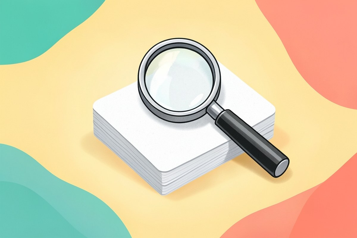 Illustration of a stack of index cards with a magnifying glass, representing a glossary of mortgage terms.