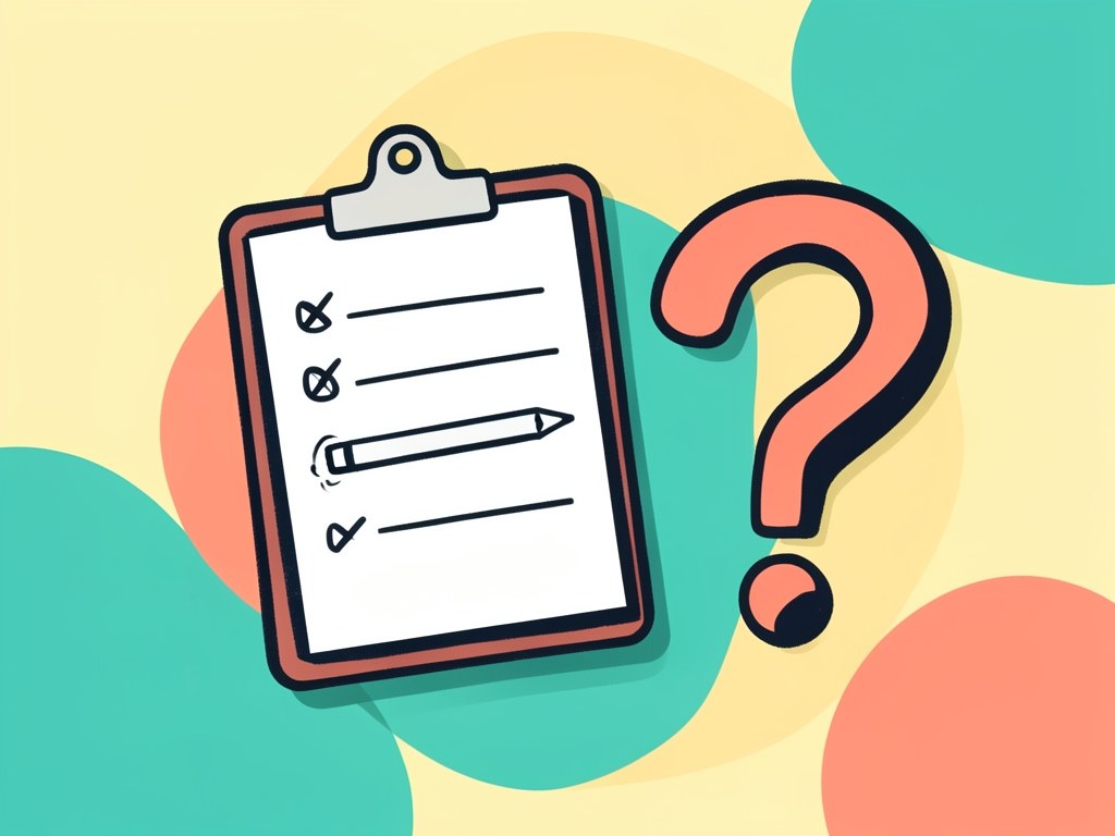 Illustration of a checklist on a clipboard with a pencil, and a question mark symbol, representing a mortgage quiz.