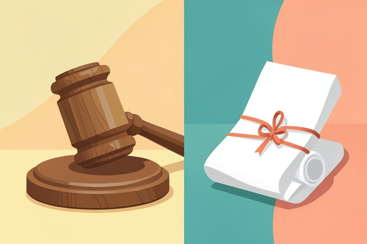 Illustration of a gavel and a document with a stamp, representing legal terms of use for the mortgage site.