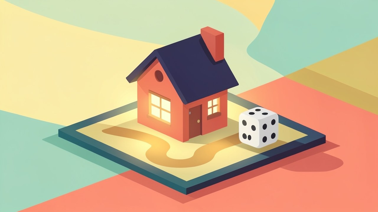 Illustration of a house on a large game board with path and dice, representing a home buying simulation game.