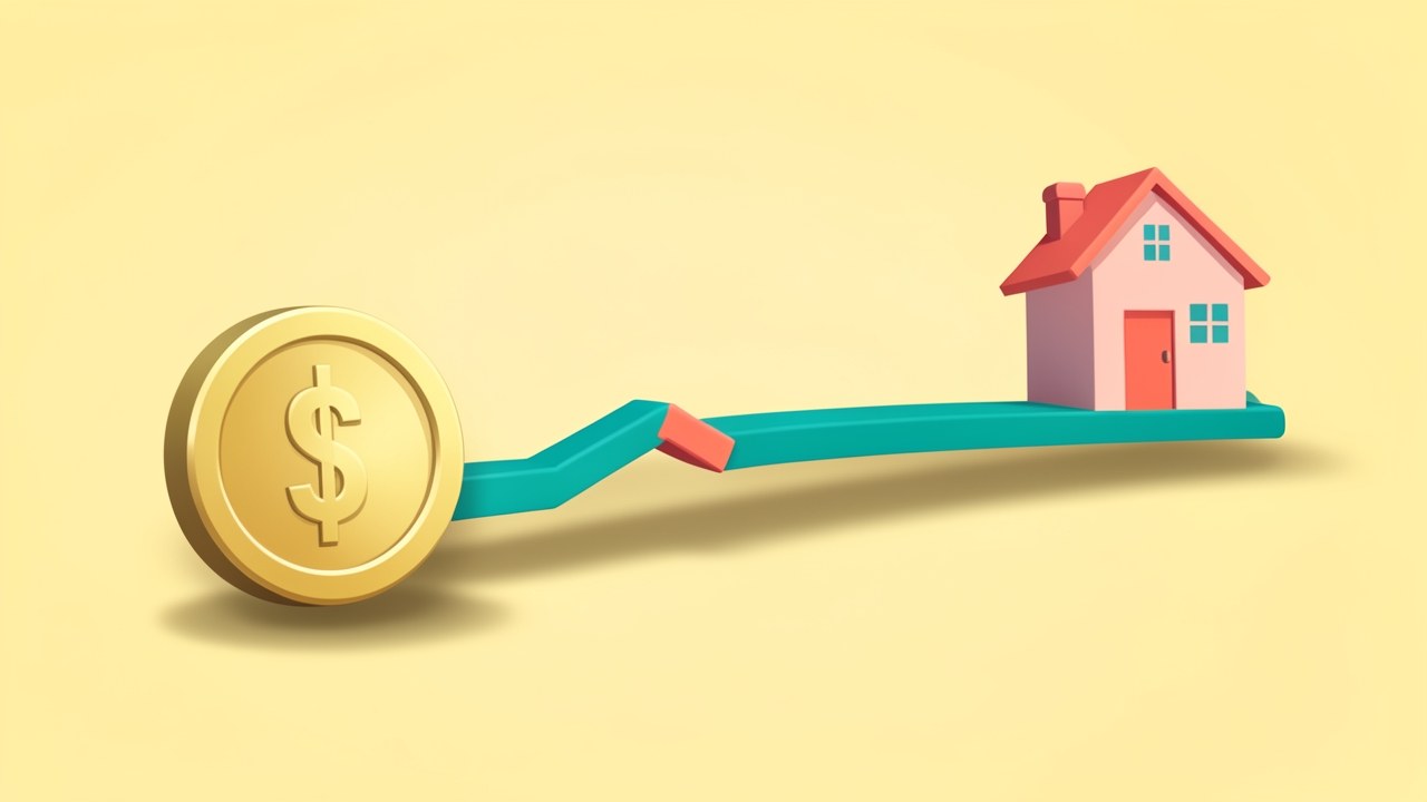Illustration of a timeline graph with a coin and a house at two ends, representing amortization over time.