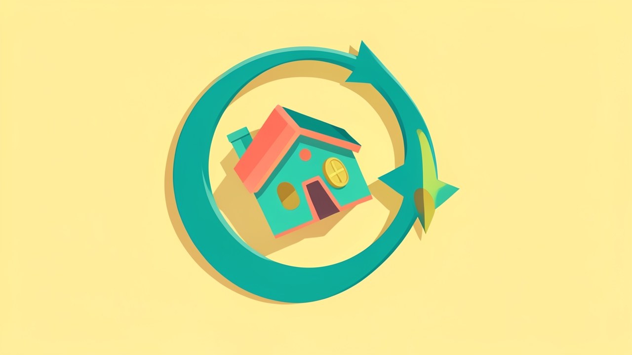Illustration of a house with a circular refresh arrow and a coin, representing refinancing benefits.