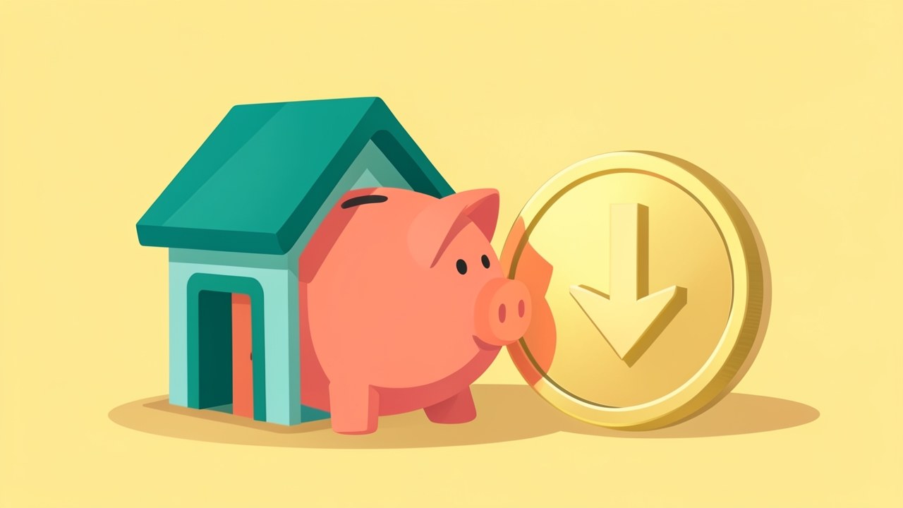 Illustration of a house with a piggy bank and a large down payment coin, representing saving for a down payment.