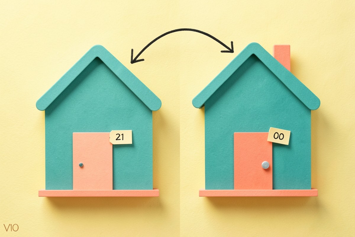 Illustration of two houses with price tags and an arrow pointing to the better deal, representing rate comparison.