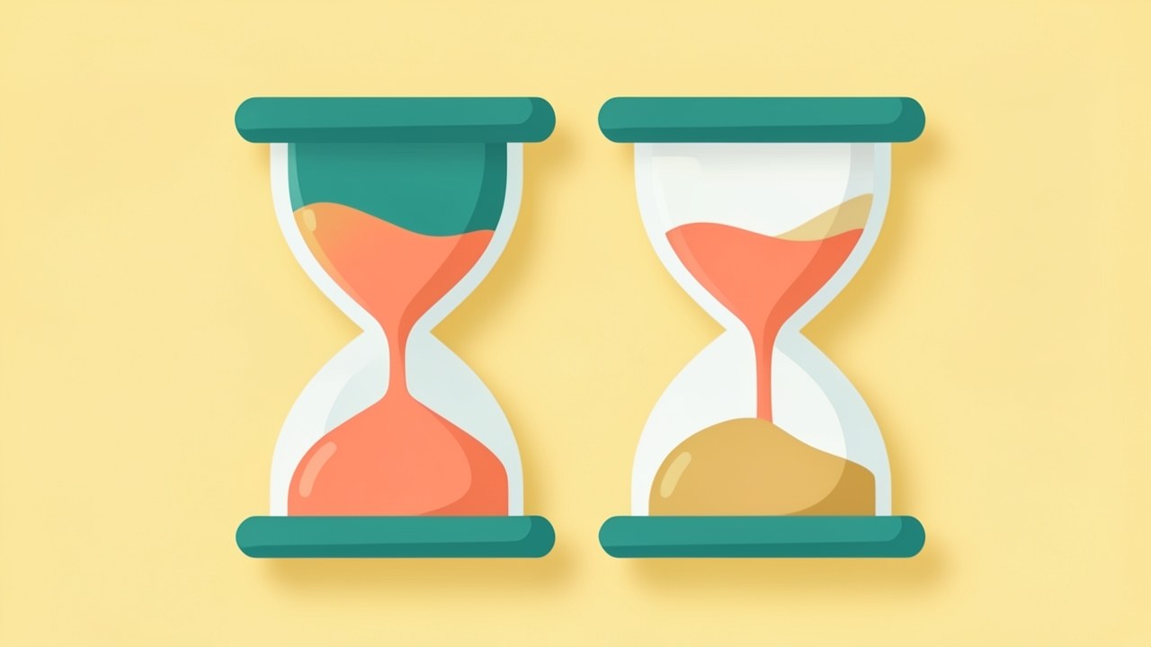 Illustration of two hourglasses with different sand levels, representing comparison of 15 and 30 year mortgage terms.