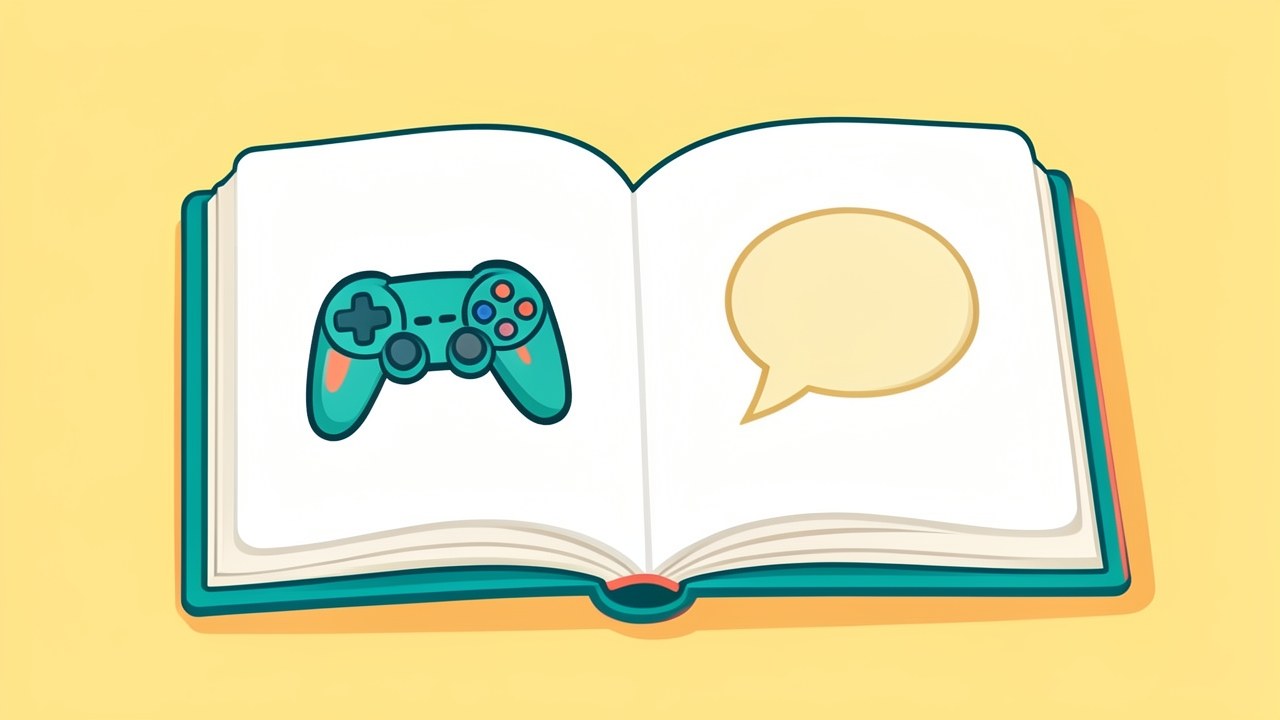 Illustration of a dictionary with a game controller and speech bubbles, representing mortgage terminology game.