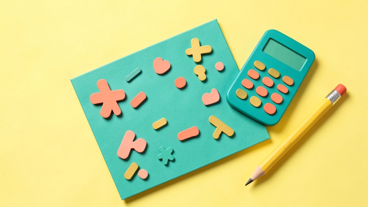 Illustration of a game board with numbers and math symbols, a calculator and a pencil, representing mortgage math games.